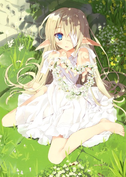 Anime picture 2353x3300 with original eshi 100-nin ten tsurusaki takahiro single long hair tall image looking at viewer blush fringe highres open mouth blue eyes blonde hair sitting barefoot light smile pointy ears sunlight scan hair over one eye