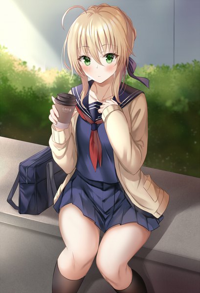 Anime picture 700x1026 with fate (series) fate/stay night artoria pendragon (all) saber harimoji single tall image looking at viewer blush fringe short hair breasts blonde hair hair between eyes sitting holding green eyes ahoge outdoors long sleeves