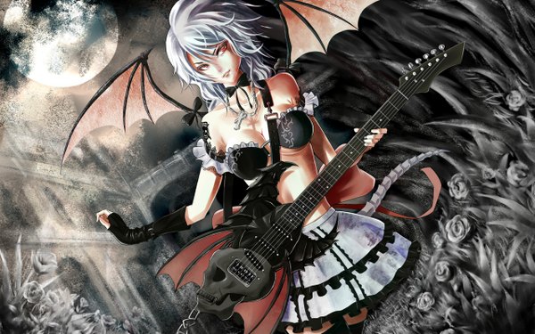 Anime picture 1280x800 with original saku single wide image tail looking back grey hair night demon girl miniskirt wings rose (roses) insect butterfly moon chain cross skull guitar