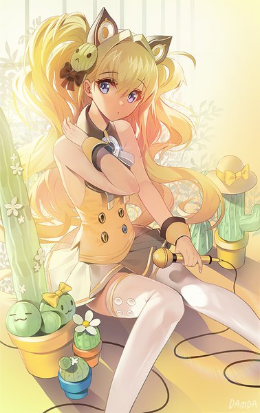 Anime picture 631x1000 with vocaloid seeu damda single long hair tall image looking at viewer fringe blonde hair hair between eyes sitting purple eyes bare shoulders holding signed animal ears head tilt pleated skirt blurry zettai ryouiki
