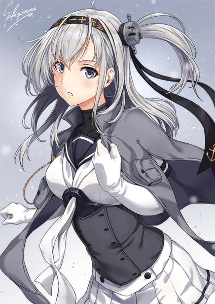 Anime picture 800x1131 with kantai collection suzutsuki (kancolle) sakiyamama single long hair tall image looking at viewer blush fringe blue eyes hair between eyes holding signed silver hair ahoge upper body parted lips pleated skirt grey background one side up