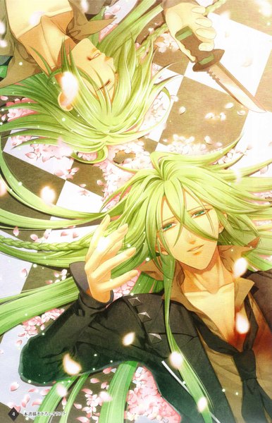 Anime picture 2226x3458 with amnesia ukyo (amnesia) long hair tall image highres green eyes lying eyes closed green hair scan single braid open collar checkered floor dual persona boy weapon petals necktie blood knife