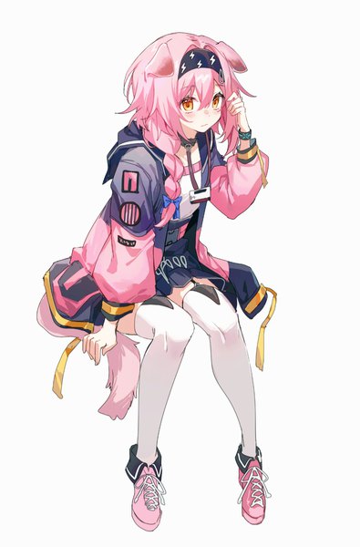 Anime picture 1080x1641 with arknights goldenglow (arknights) yunweishukuang single long hair tall image fringe simple background hair between eyes white background sitting animal ears yellow eyes looking away pink hair full body tail braid (braids) animal tail cat ears