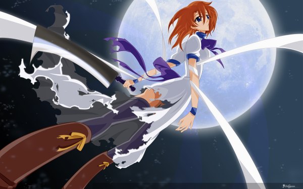 Anime picture 2560x1600 with higurashi no naku koro ni studio deen ryuuguu rena single fringe highres short hair blue eyes hair between eyes wide image standing holding signed looking away sky parted lips orange hair night from below dutch angle