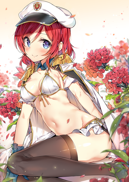 Anime picture 1047x1472 with love live! school idol project sunrise (studio) love live! nishikino maki yuran (cozyquilt) single tall image looking at viewer blush short hair breasts blue eyes light erotic smile sitting cleavage red hair open clothes bare belly midriff