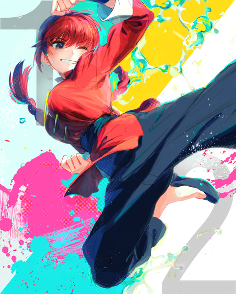 Anime picture 2126x2650 with ranma 1/2 saotome ranma saotome ranma (girl) tentsuu (tentwo) single long hair tall image highres red hair braid (braids) traditional clothes one eye closed single braid chinese clothes clenched teeth genderswap girl fist