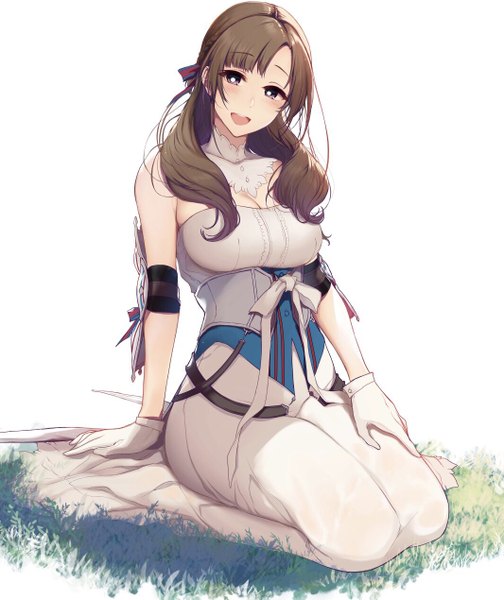 Anime picture 1066x1269 with tsuujou kougeki ga zentai kougeki de ni-kai kougeki no okaasan wa suki desu ka? oosuki mamako pochi (pochi-goya) single long hair tall image looking at viewer blush fringe open mouth light erotic simple background smile brown hair white background sitting purple eyes full body :d official art