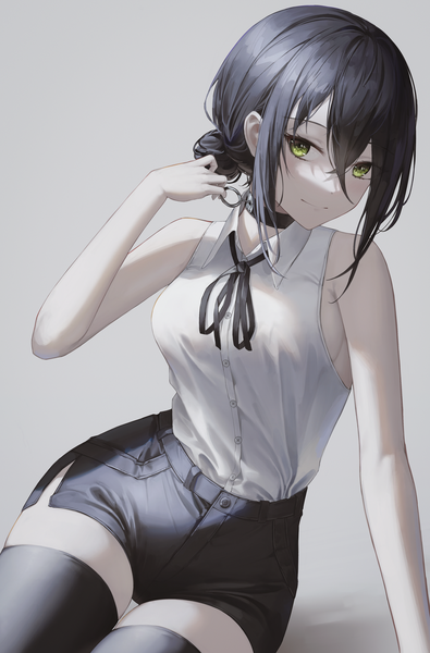 Anime picture 2642x4014 with chainsaw man mappa reze (chainsaw man) flippy (cripine111) single tall image looking at viewer fringe highres short hair breasts black hair simple background hair between eyes sitting bare shoulders green eyes head tilt arm up grey background