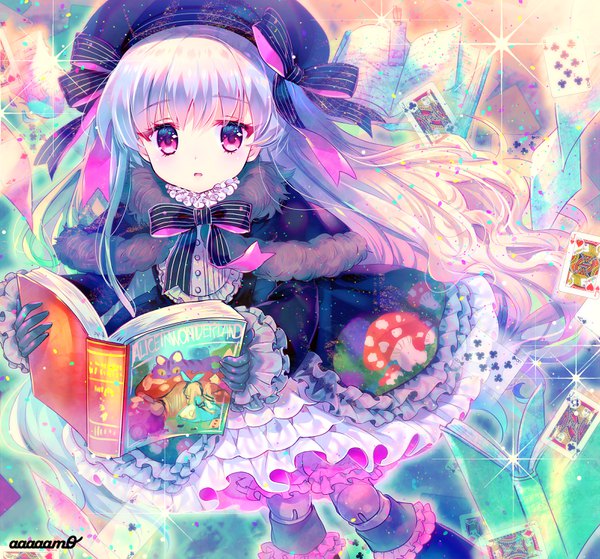 Anime picture 3176x2964 with fate (series) alice in wonderland fate/extra alice (wonderland) cheshire cat nursery rhyme (fate/extra) amo single long hair looking at viewer fringe highres purple eyes absurdres silver hair sparkle doll joints girl dress frills