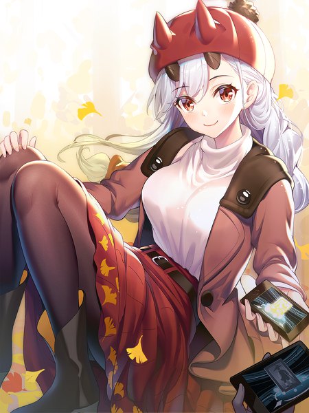 Anime picture 900x1200 with fate (series) fate/grand order tomoe gozen (fate) ririko (zhuoyandesailaer) long hair tall image looking at viewer blush fringe smile hair between eyes red eyes silver hair horn (horns) solo focus hand on knee girl skirt hat pantyhose