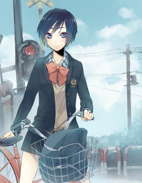 Anime picture 1069x1376 with original horiizumi inko single tall image looking at viewer blush short hair blue eyes black hair sky cloud (clouds) girl uniform school uniform school bag ground vehicle power lines bicycle traffic lights