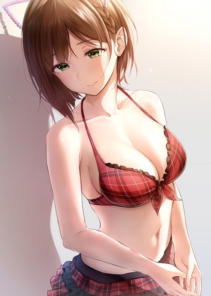 Anime picture 648x906 with idolmaster idolmaster cinderella girls maekawa miku takeashiro single tall image blush fringe short hair breasts light erotic simple background brown hair large breasts standing bare shoulders green eyes animal ears cleavage braid (braids)