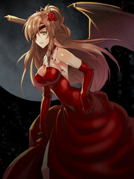 Anime picture 1200x1600 with original ktsis single long hair tall image looking at viewer brown hair bare shoulders yellow eyes hair flower demon wings girl dress gloves hair ornament flower (flowers) wings moon eyepatch full moon