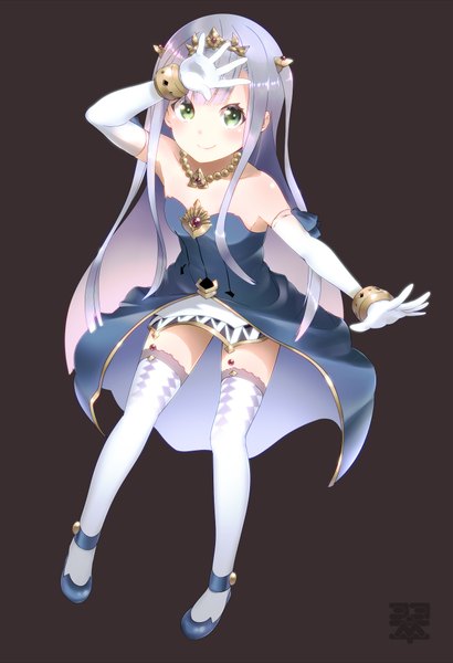 Anime picture 1400x2046 with outbreak company feel (studio) petralka anne eldant iii mido (mimizuku-hukuro) single long hair tall image blush simple background smile green eyes silver hair full body loli two side up zettai ryouiki outstretched arm dark background girl thighhighs