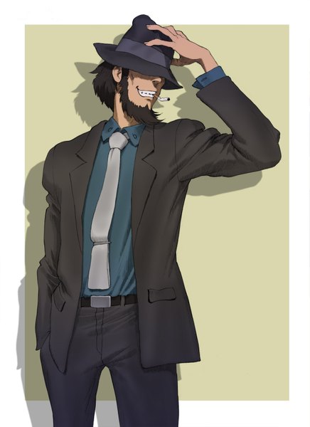 Anime picture 1119x1539 with lupin iii jigen daisuke kuzu (artist) single tall image short hair black hair smile shadow smoking boy hat necktie suit cigarette