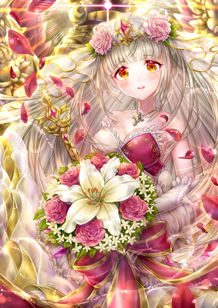 Anime picture 1500x2122 with shironeko project ruushe (shironeko project) tamaso single long hair tall image looking at viewer blush fringe breasts open mouth red eyes large breasts standing bare shoulders holding payot cleavage silver hair blunt bangs