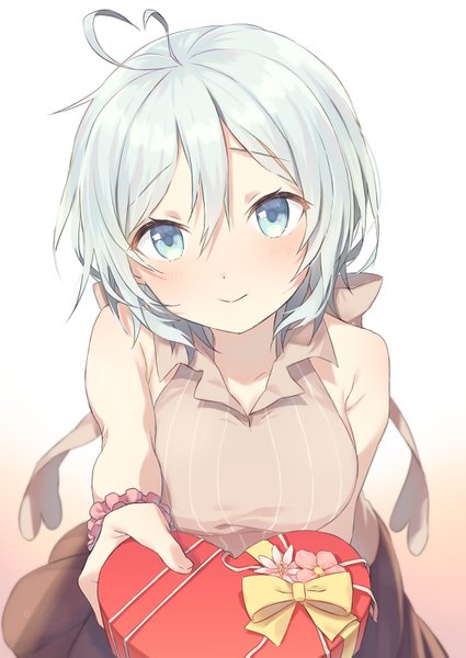 Anime picture 988x1396 with virtual youtuber .live dennou shoujo siro otou mamayo single tall image looking at viewer blush fringe short hair blue eyes simple background hair between eyes bare shoulders silver hair ahoge light smile outstretched hand valentine girl