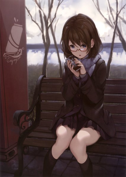 Anime picture 2487x3500 with original paseri single tall image looking at viewer highres short hair open mouth blue eyes black hair sitting scan official art girl skirt uniform school uniform miniskirt socks glasses