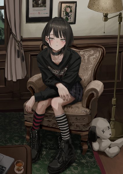 Anime picture 2894x4092 with peanuts original snoopy nadegata single tall image looking at viewer highres short hair black hair sitting yellow eyes indoors long sleeves pleated skirt striped knees together feet apart asymmetrical legwear girl skirt