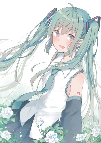 Anime picture 1240x1754 with vocaloid hatsune miku yuu mo single tall image looking at viewer blush fringe open mouth blue eyes hair between eyes white background twintails payot ahoge very long hair long sleeves :d pleated skirt wind