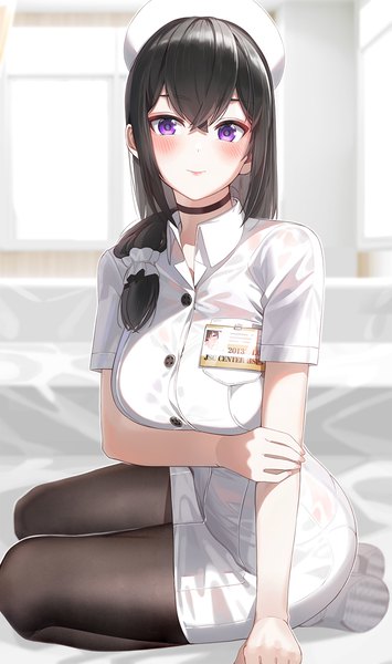 Anime picture 769x1300 with original kfr single long hair tall image looking at viewer blush fringe breasts black hair smile hair between eyes sitting purple eyes indoors short sleeves low ponytail breast hold nurse seiza
