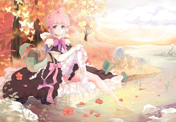 Anime picture 2160x1500 with original bzerox single looking at viewer highres short hair blue eyes pink hair river girl thighhighs dress flower (flowers) plant (plants) petals tree (trees) bowtie insect butterfly