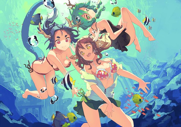 Anime picture 1000x707 with original yoo (tabi no shiori) long hair breasts light erotic red eyes brown hair multiple girls green eyes yellow eyes blue hair tail horn (horns) green hair open clothes open shirt underwater girl skirt swimsuit