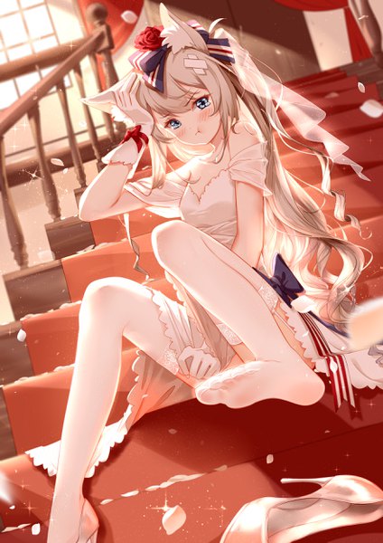 Anime picture 1767x2500 with azur lane hammann (azur lane) clouble single long hair tall image looking at viewer blush fringe highres blue eyes light erotic sitting bare shoulders animal ears silver hair full body bent knee (knees) indoors cat ears