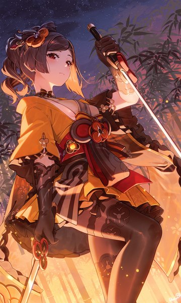 Anime-Bild 2000x3334 mit genshin impact chiori (genshin impact) dango remi single tall image looking at viewer blush fringe highres short hair red eyes brown hair holding traditional clothes japanese clothes arm up night from below night sky side ponytail