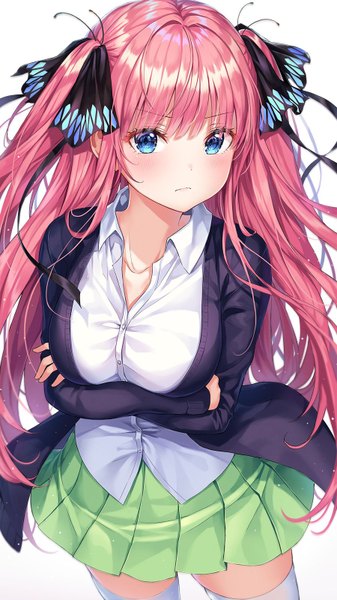 Anime picture 900x1600 with go-toubun no hanayome nakano nino r o ha single long hair tall image looking at viewer blush fringe breasts blue eyes simple background hair between eyes large breasts standing white background pink hair long sleeves pleated skirt two side up