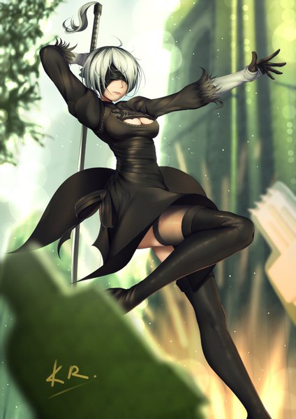 Anime picture 600x848 with nier nier:automata yorha no. 2 type b kr (sapphire) single tall image short hair breasts white hair eyes closed mole mole under mouth girl thighhighs dress gloves weapon black thighhighs sword elbow gloves