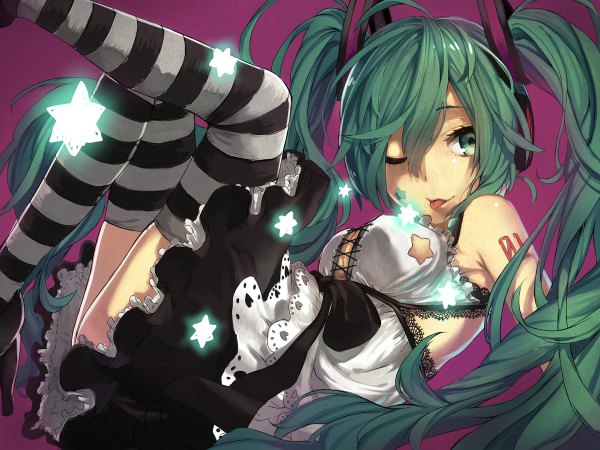 Anime picture 1200x900 with vocaloid hatsune miku hantsuki (artist) long hair simple background twintails bare shoulders green eyes one eye closed green hair wink girl thighhighs headphones star (symbol) striped thighhighs