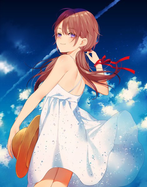 Anime picture 785x1000 with original achiki single long hair tall image looking at viewer brown hair purple eyes sky cloud (clouds) looking back arm up light smile wind hat removed headwear removed condensation trail girl dress ribbon (ribbons)