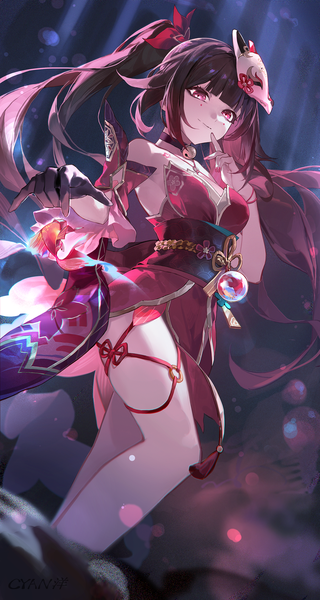 Anime picture 1420x2665 with honkai: star rail honkai (series) sparkle (honkai: star rail) cyan yang single long hair tall image looking at viewer fringe breasts light erotic smile brown hair twintails bare shoulders payot blunt bangs nail polish pink eyes night