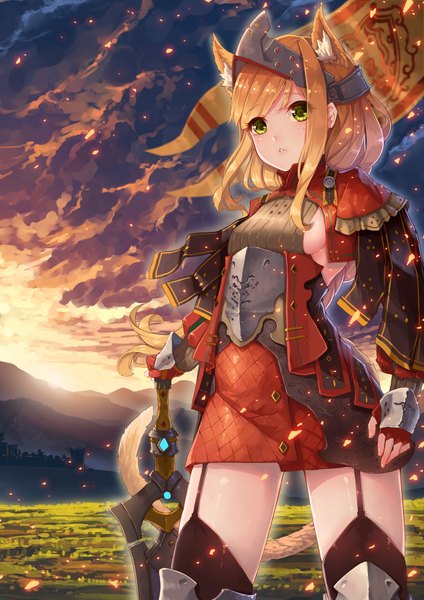 Anime picture 1500x2121 with original fangxiang cuoluan single long hair tall image blonde hair green eyes animal ears sky cloud (clouds) tail animal tail evening sunset mountain girl thighhighs weapon black thighhighs sword