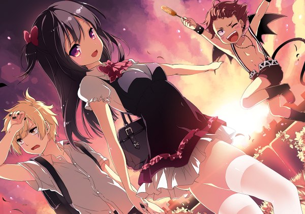 Anime picture 1200x841 with original chiyingzai blush open mouth black hair blonde hair red eyes brown hair one eye closed wink evening sunset girl thighhighs dress boy shirt white thighhighs shorts bag