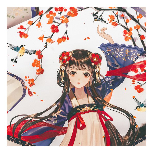 Anime picture 864x864 with original say hana single long hair looking at viewer fringe brown hair brown eyes upper body traditional clothes arm up hair flower wide sleeves border chinese clothes girl flower (flowers) animal bird (birds) branch