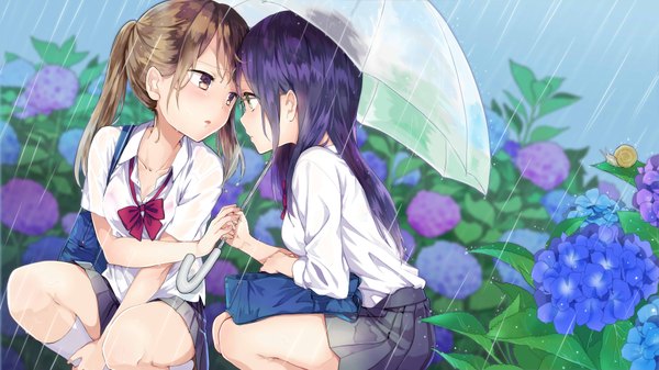Anime picture 3840x2160 with original pomu (joynet) long hair blush highres open mouth light erotic brown hair wide image multiple girls brown eyes green eyes payot absurdres purple hair outdoors ponytail profile pleated skirt rain