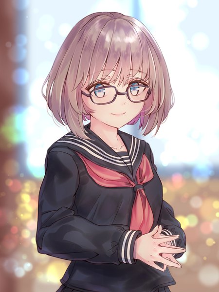Anime picture 720x960 with original komatsu (komatsuu123) single tall image looking at viewer fringe short hair blue eyes smile payot upper body long sleeves grey hair blurry depth of field lens flare fingers together girl uniform glasses