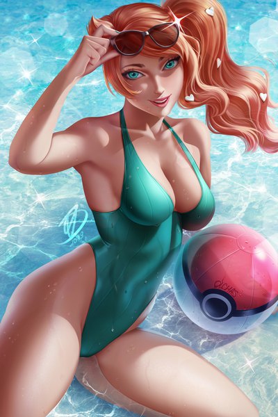 Anime picture 1600x2400 with pokemon pokemon swsh nintendo sonia (pokemon) olchas single long hair tall image looking at viewer fringe breasts open mouth light erotic smile large breasts sitting signed cleavage nail polish arm up