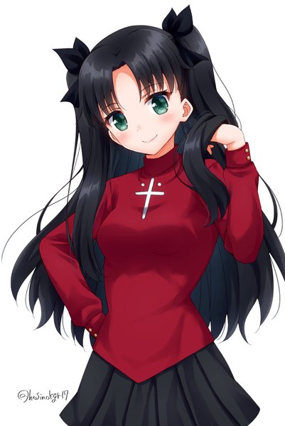 Anime picture 655x979 with fate (series) fate/stay night toosaka rin hoshino kagari single long hair tall image looking at viewer blush black hair simple background smile white background green eyes signed pleated skirt two side up hand on hip twitter username adjusting hair