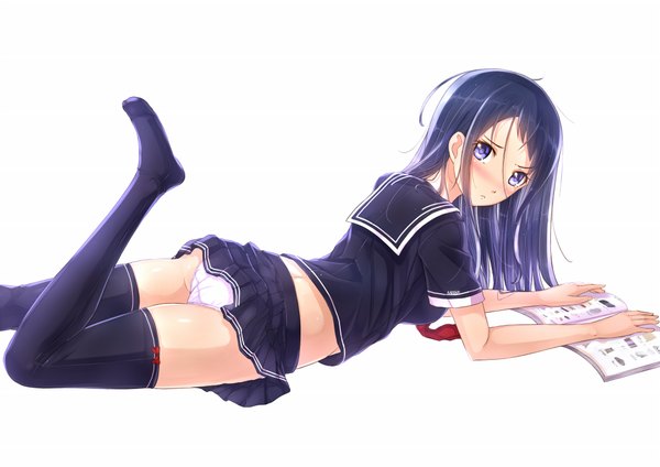 Anime picture 2046x1446 with original kazeno single long hair looking at viewer blush highres blue eyes light erotic simple background white background blue hair lying girl thighhighs skirt uniform underwear panties black thighhighs