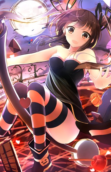 Anime picture 872x1350 with original netarou single long hair tall image blush open mouth brown hair brown eyes halloween flying witch girl thighhighs dress ribbon (ribbons) hair ribbon heart moon striped thighhighs