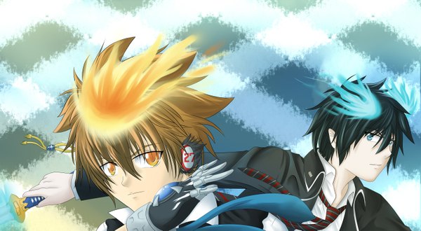 Anime picture 2855x1574 with katekyou hitman reborn ao no exorcist a-1 pictures okumura rin sawada tsunayoshi looking at viewer highres short hair blue eyes black hair brown hair wide image multiple boys orange eyes glowing boy gloves weapon sword necktie