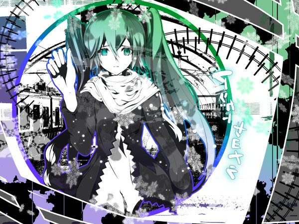 Anime picture 1280x960 with vocaloid hatsune miku single long hair fringe hair between eyes twintails long sleeves arm up aqua eyes aqua hair inscription girl scarf