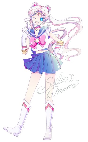 Anime picture 699x1122 with bishoujo senshi sailor moon toei animation tsukino usagi sailor moon saki (hxaxcxk) long hair tall image looking at viewer open mouth blue eyes simple background white background twintails white hair one eye closed wink bare belly hair bun (hair buns) character names hand on hip