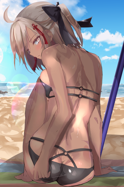 Anime picture 933x1400 with fate (series) fate/grand order okita souji (fate) (all) okita souji alter (fate) kesoshirou single tall image looking at viewer blush fringe short hair breasts light erotic large breasts sitting bare shoulders sky cloud (clouds) full body ahoge