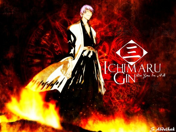 Anime picture 1024x768 with bleach studio pierrot ichimaru gin kubo tite kalicodreamz single short hair smile standing signed purple hair full body eyes closed traditional clothes japanese clothes wide sleeves copyright name character names third-party edit boy