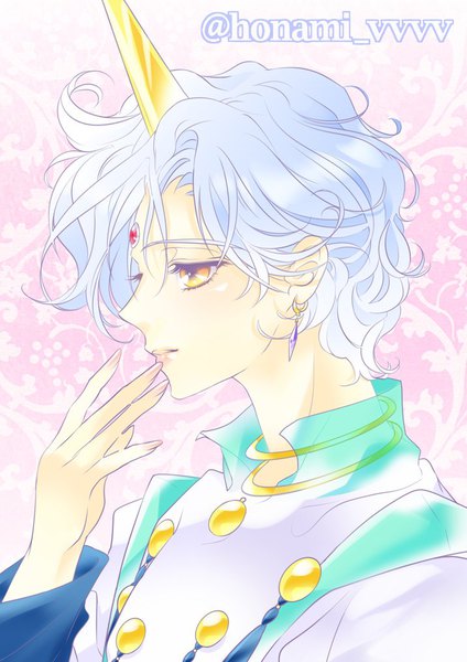 Anime picture 716x1012 with bishoujo senshi sailor moon toei animation helios honami vvvv single tall image short hair signed yellow eyes silver hair profile horn (horns) twitter username finger to mouth portrait pink background boy earrings