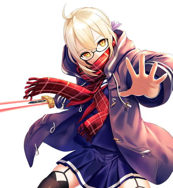 Anime picture 1200x1303 with fate (series) fate/grand order artoria pendragon (all) mysterious heroine x (alter) (fate) mysterious heroine x alter (first ascension) (fate) infinote single tall image fringe simple background blonde hair hair between eyes white background yellow eyes ahoge head tilt fighting stance girl weapon sword